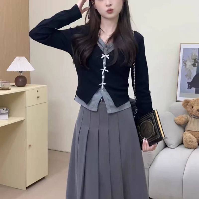 假两件短款蝴蝶结韩系修身长袖针织衫百褶半身长裙女早春时尚套装