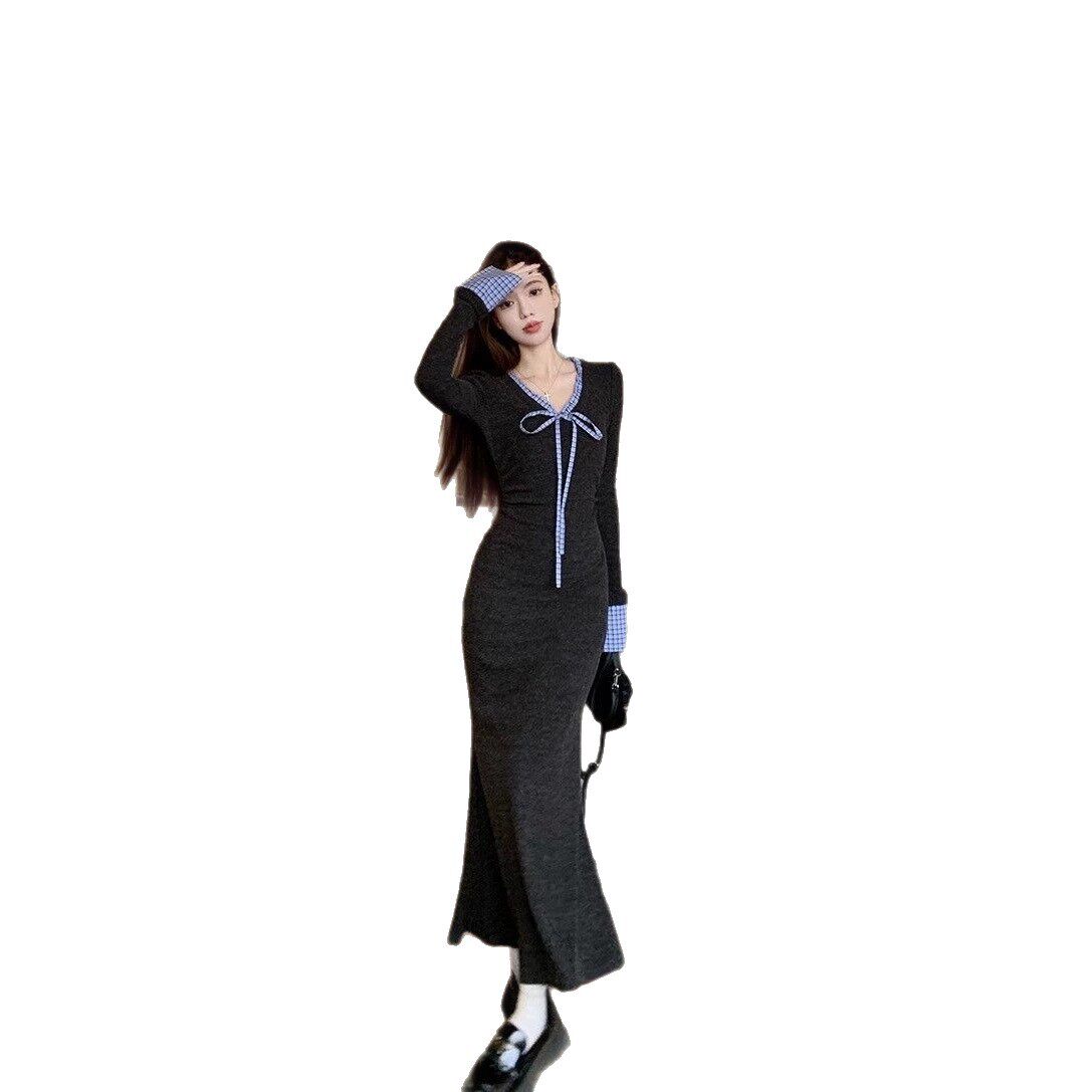 温柔韩系chic内搭包臀长裙女春秋新款修身显瘦超显身材撞色连衣裙