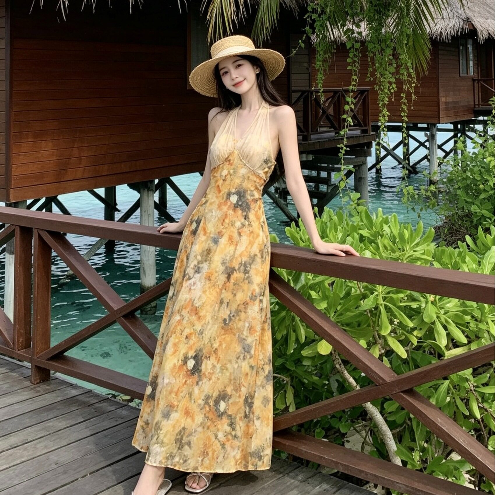 花园黄色挂脖连衣裙油画礼服多巴胺海岛明媚2026沙滩海边度假