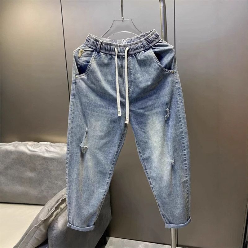 2025年夏季牛仔裤男浅蓝色复古休闲九分裤破洞松紧抽绳裤子