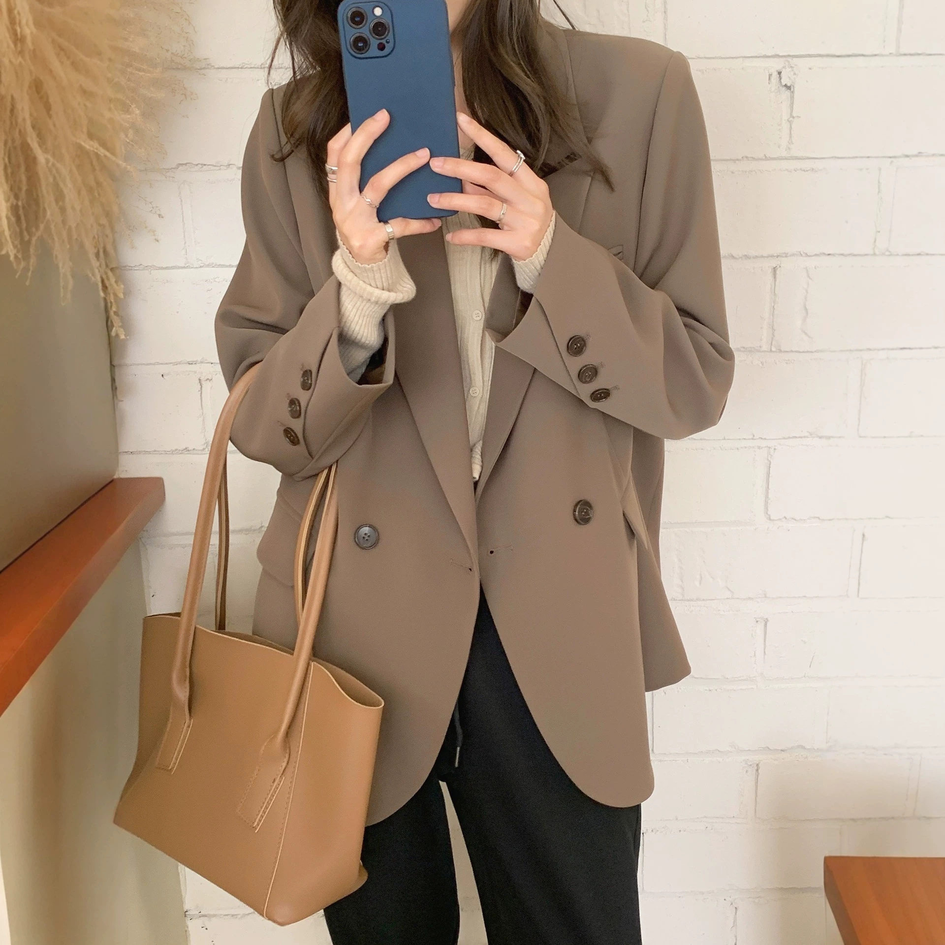 韩式西服上衣2026年新款秋冬炸街宽松休闲百搭咖色西装外套女