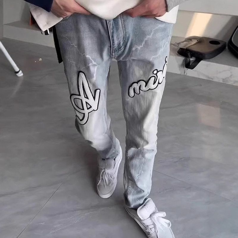 裤子美式刺绣帅气闪电贴布牛仔裤