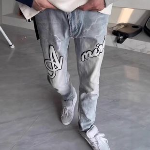 裤子美式刺绣帅气闪电贴布牛仔裤男士修身潮牌休闲潮流裤子百搭