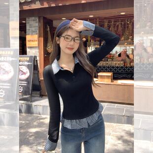 假两件格子拼接POLO翻领长袖T恤女2025秋季新款修身学院风小上衣