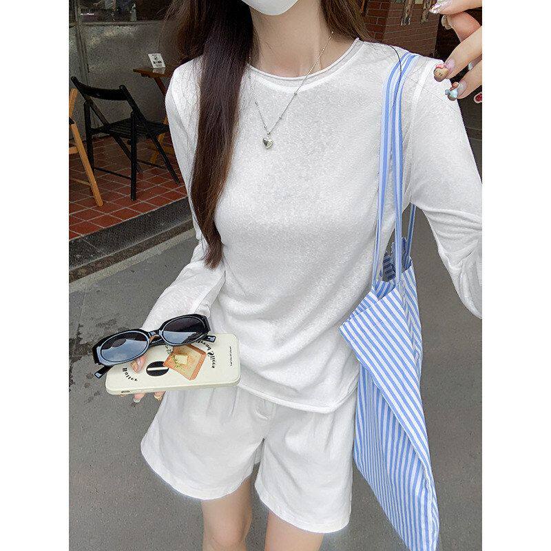 2025新款白色纯色夏季薄款修身圆领长袖t恤女收腰显瘦修身长上衣