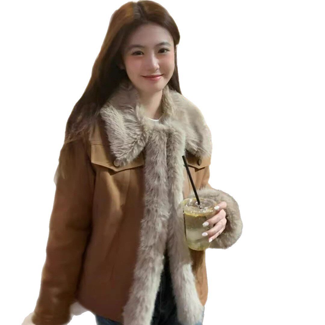 毛茸茸外套女冬季时尚韩版2026新款加厚环保皮草牛仔拼接毛绒上衣