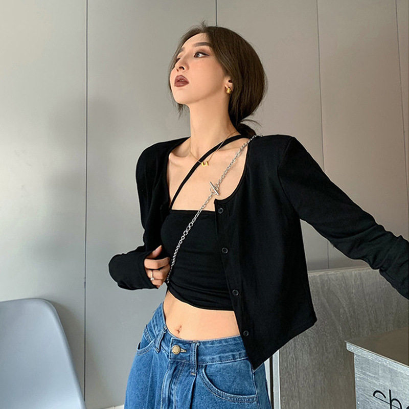 黑色长袖针织小开衫女装秋季外搭短款薄款防晒小坎肩修身上衣外套