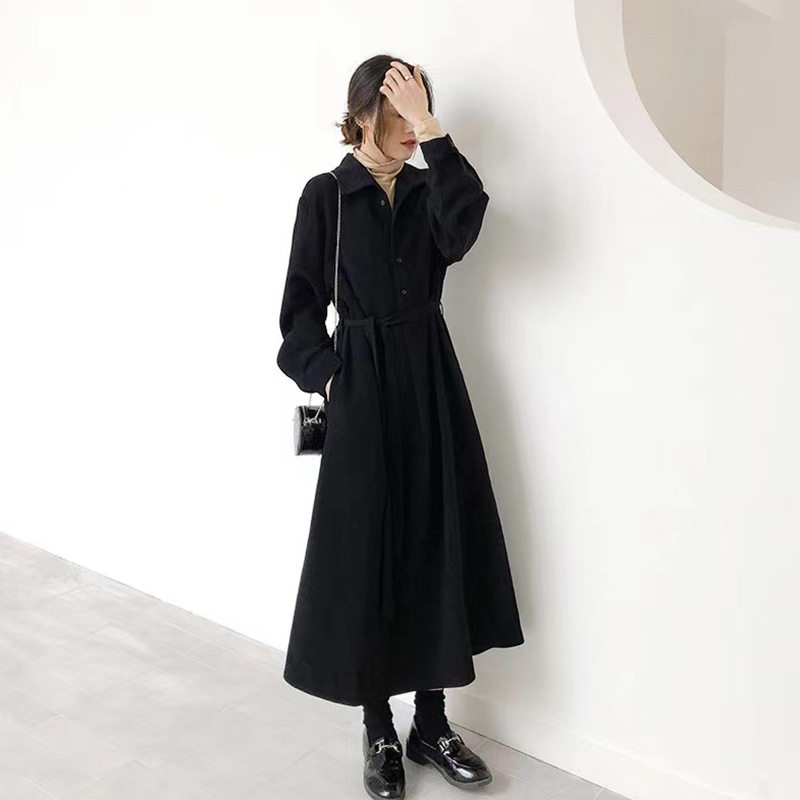 黑色长袖法式衬衫连衣裙女早秋季2025新款韩版收腰显瘦气质长裙子