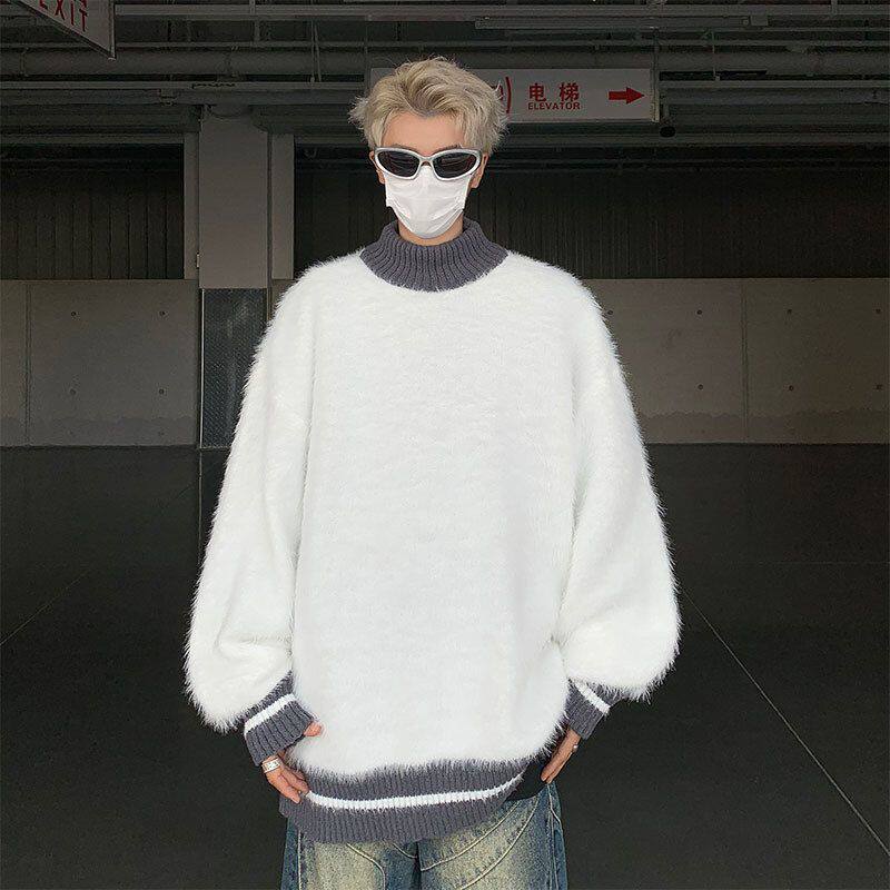 2024半高领条纹毛衣男冬季马海毛慵懒风针织衫宽松高级感外套