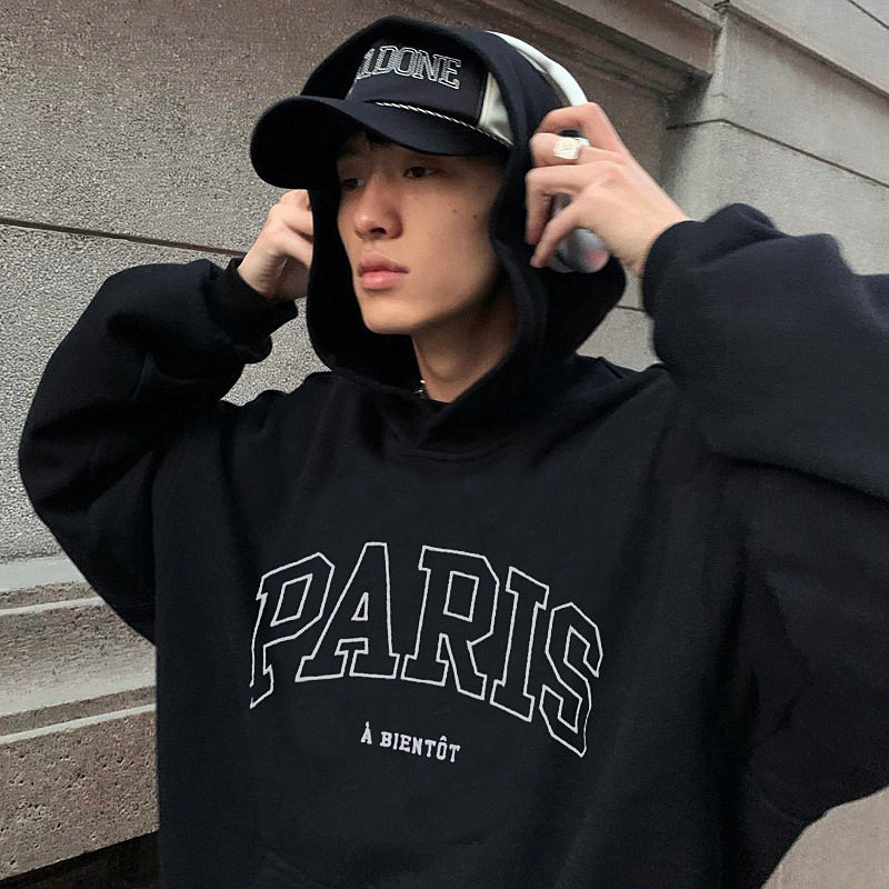 欧美男装嘻哈美式潮牌复古PARIS字母刺绣加绒连帽卫衣帽衫Hoodie