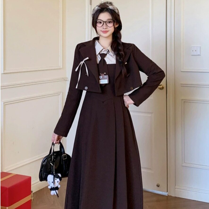 大码学院风西装外套连衣裙套装女秋季胖mm显瘦收腰遮肚子甜美裙子