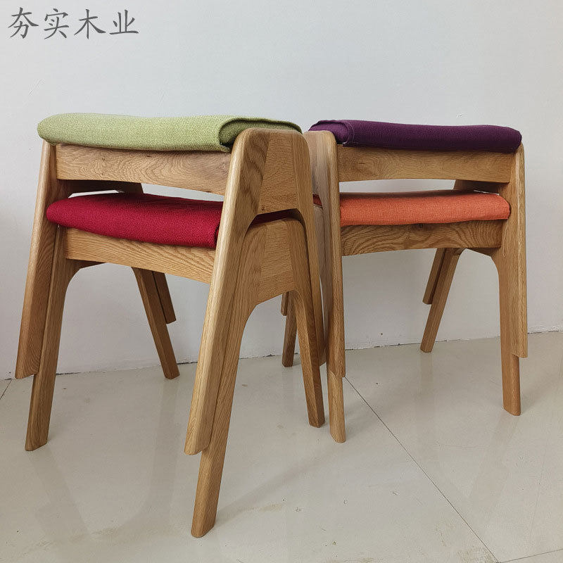 北美橡木原木梳妆凳简约小户型软包凳子客厅餐厅可叠放化妆凳实木