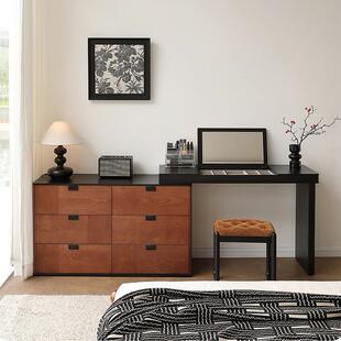 中古风实木梳妆台斗柜一体桌复古黑胡桃床尾收纳柜转角伸缩化妆桌