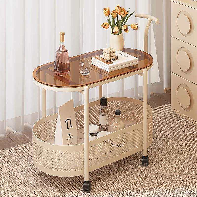 奶油风钢化玻璃可移动沙发边几边柜现代小桌子床头侧边边柜小推车