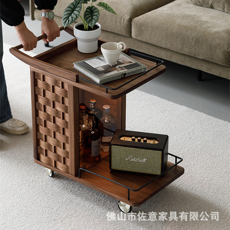 胡桃木可移动边几带轮现代简约轻奢高级感客餐厅移动茶几小推车