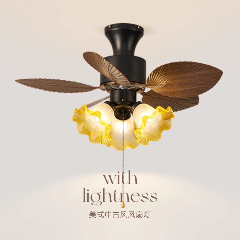 复古美式LED风扇灯中古风卧室餐厅吊扇灯一体静音大风力卧室灯具图片