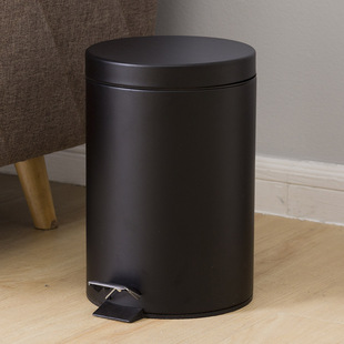 跨境哑光黑色圆形翻盖垃圾桶家用缓降静音脚踏踩式带盖清洁桶批发