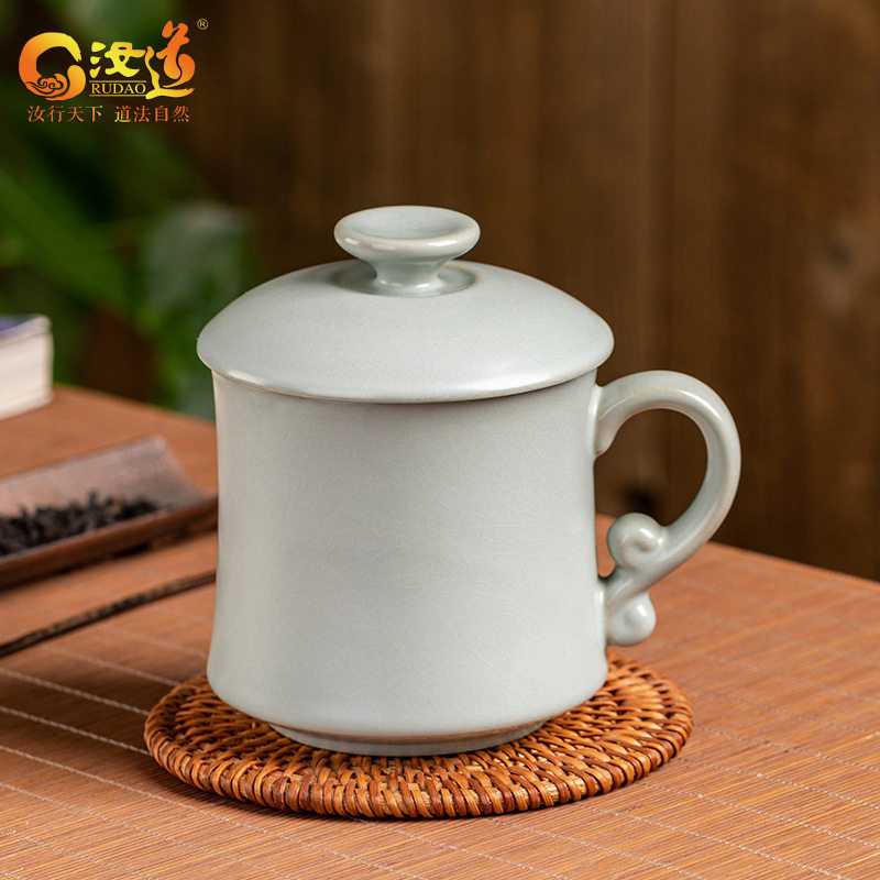 汝道汝窑办公杯茶杯个人杯带盖手柄陶瓷水杯开片汝瓷泡茶杯礼品杯