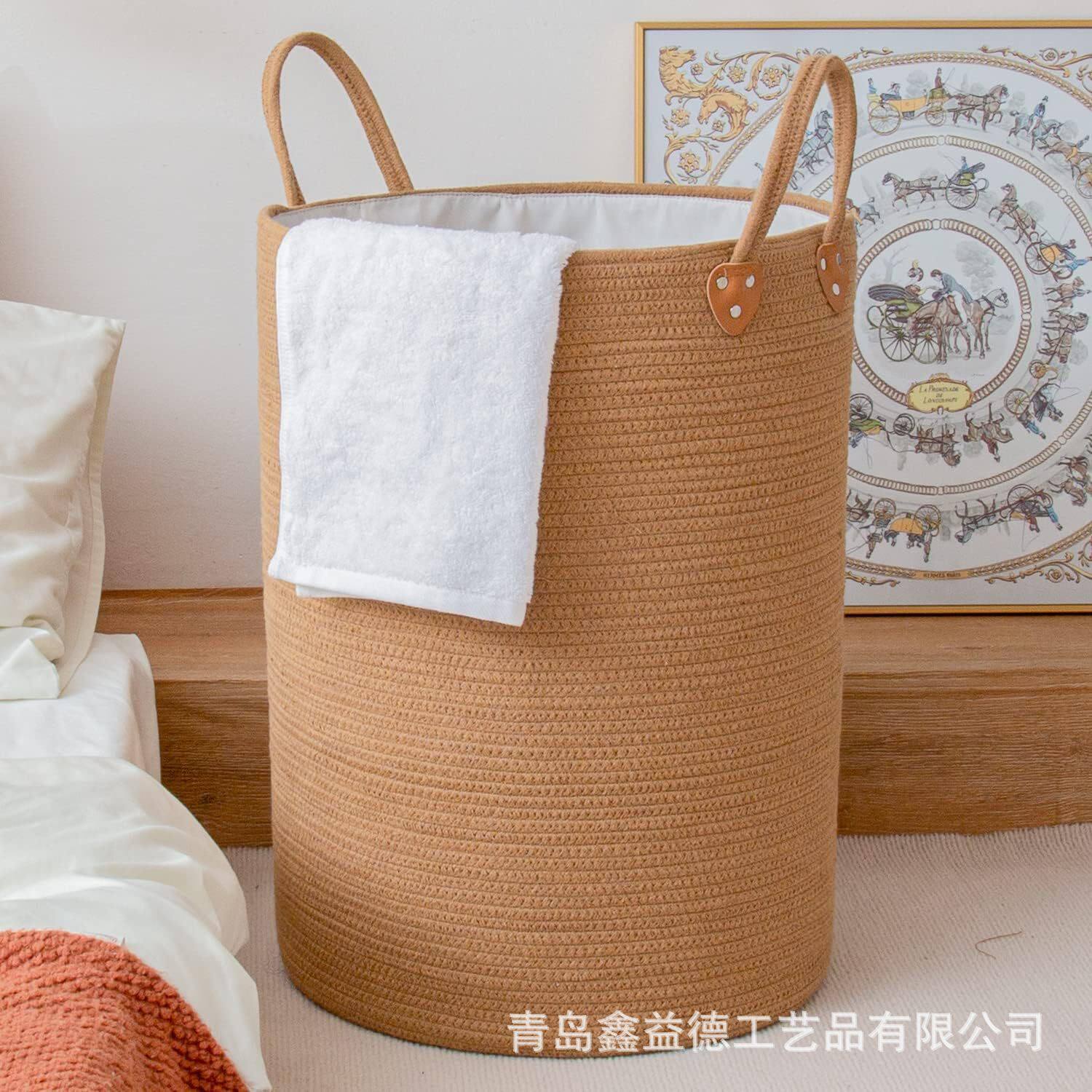 鑫益德棉绳折叠脏衣篮亚马逊品质编织收纳筐折叠篮子麻黄色洗衣篮