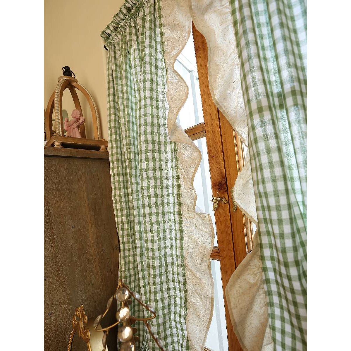 乡村复古绿格子麻布祖母风格子窗帘门帘半帘穿杆挂钩魔术贴定