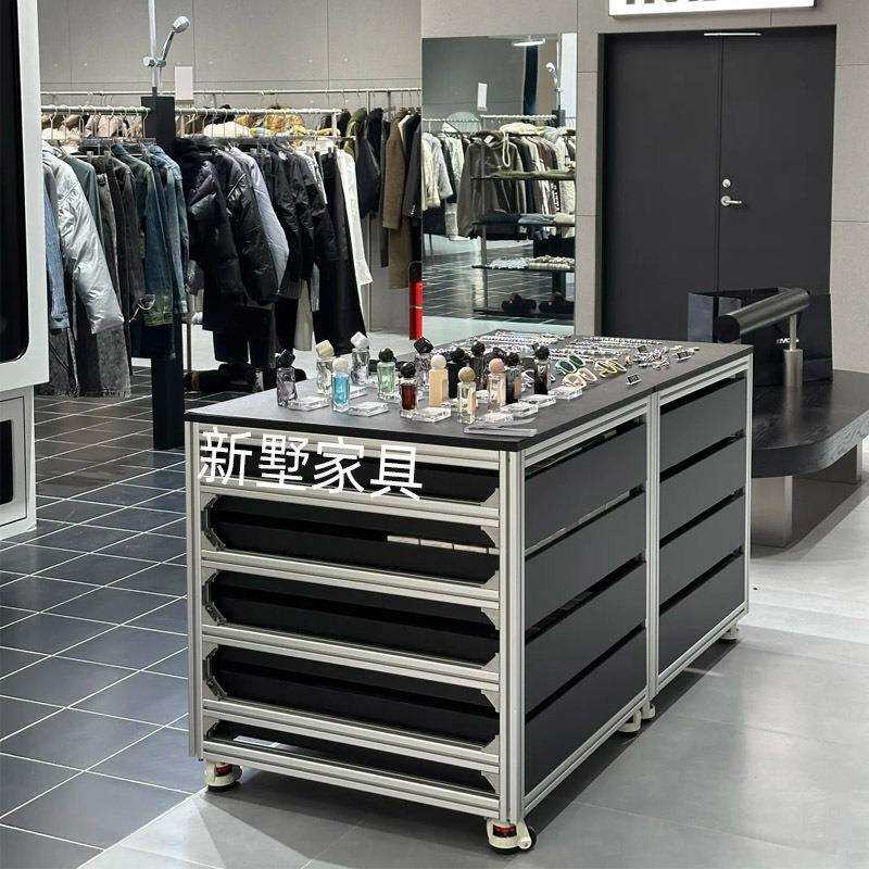服装店铝型材移动中岛台展示台置物架桦木多层板展示架落地收纳柜
