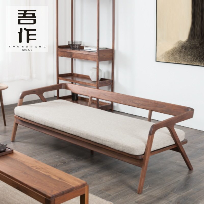 现代中式简约胡桃木三人实木沙发酒店会所别墅样板房家具工