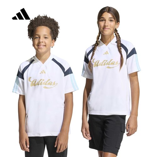 adidas阿迪达斯足球风V领半袖T恤2026夏男女大童短袖上衣 KH3802