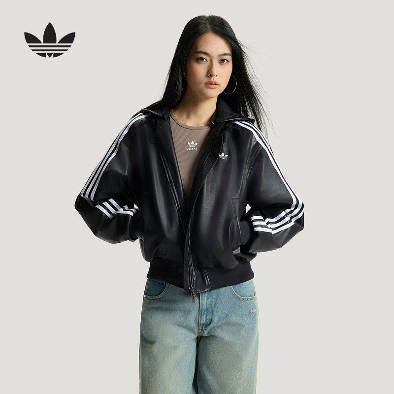 adidas阿迪达斯三叶草皮衣夹克女保暖运动连帽短款棉服 KU6857