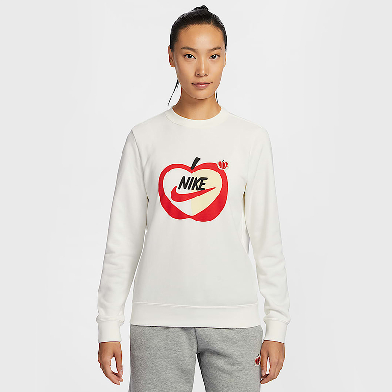 Nike耐克女子卫衣新款苹果印花法式毛圈圆领运动套头衫IB8232-133