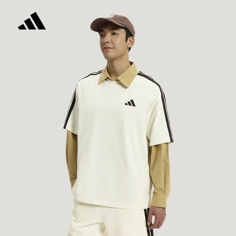 adidas阿迪达斯三条纹白色大号宽松半袖2026夏男短袖T恤 KR2556