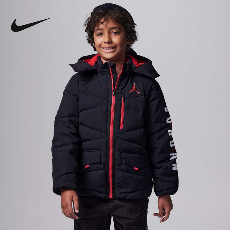 Jordan耐克男童大童可拆卸风帽羽绒服夹克保暖加厚FB1671-010
