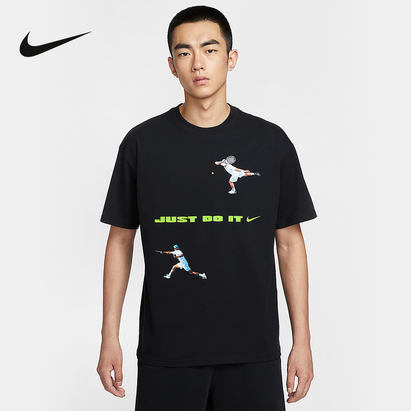 耐克男女宽松纯棉T恤网球印花情侣针织棉柔软舒适短袖IV5616-010