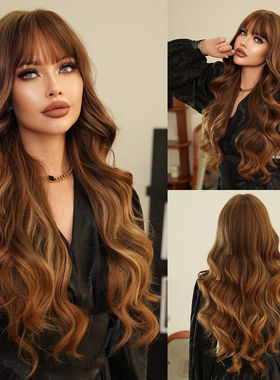 2025金色欧美大波浪挑染假发化纤长卷Wavy Wigs头套时尚烫发神器