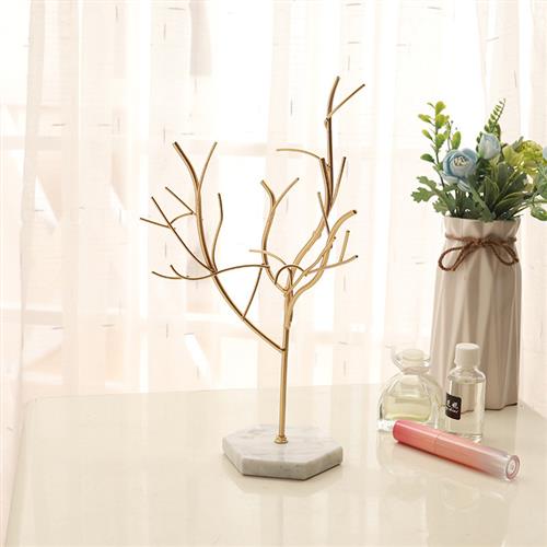 北欧ins树形铁艺托盘首饰架大理石底座树枝饰品挂件展示架