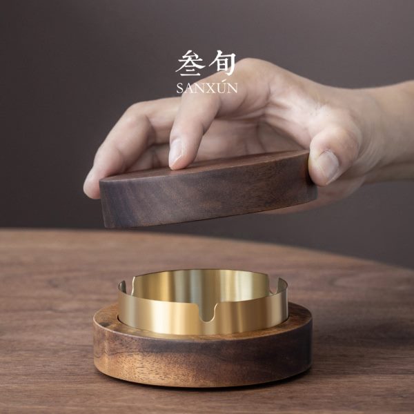 叁旬胡桃木烟灰缸带盖子防飞灰防风创意个性时尚小号客厅潮流家用