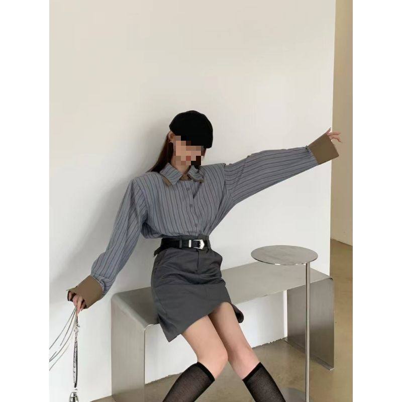 高级感宽松竖条纹衬衫+灰色半身短裙女2025春秋新款韩版时尚套装,女装/女士精品,时尚套装,淘宝优惠券,粉丝福利购,淘宝优惠卷