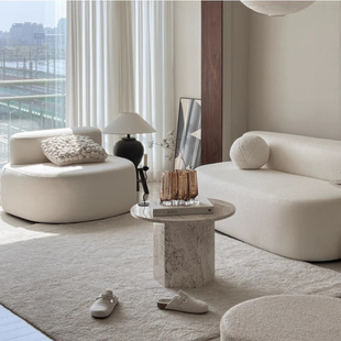 客厅家用天然洞石茶几诧寂风圆形创意小户型异形奶油大理石咖啡桌