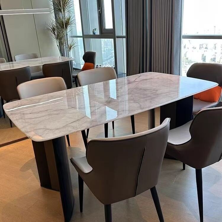 轻奢超晶石餐桌大理石椅组合高级感天然奢石长方形彩晶石微晶石桌