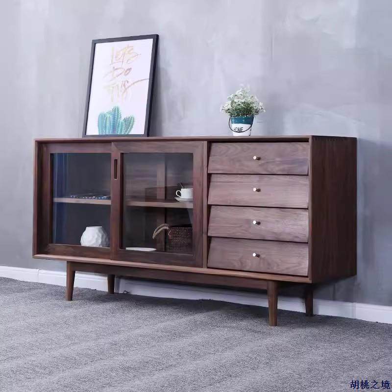 北欧日式黑胡桃木餐边柜橡木储物柜玻璃移门实木原木收纳简约家具