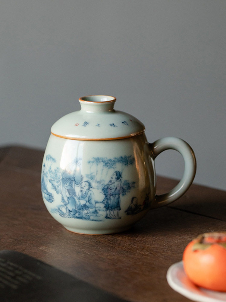 釉中彩天青汝窑复古陶瓷马克杯带盖过滤茶杯办公室泡茶杯子中式