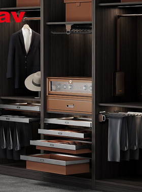 kav凯威衣柜内置皮革衣物篮铝合金材质抽拉式阻尼缓冲静音收纳篮