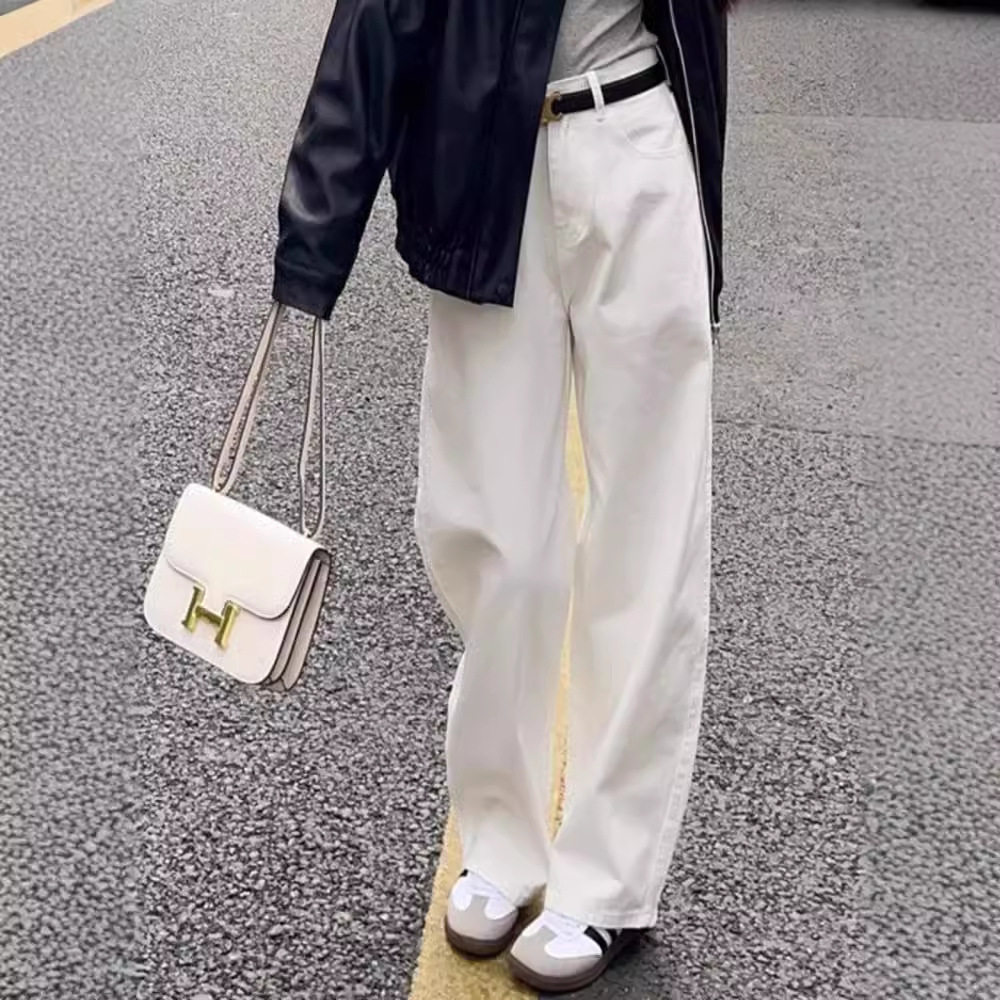 白色牛仔裤女春秋新款宽松直筒美式高腰显瘦设计感休闲长裤子阔腿