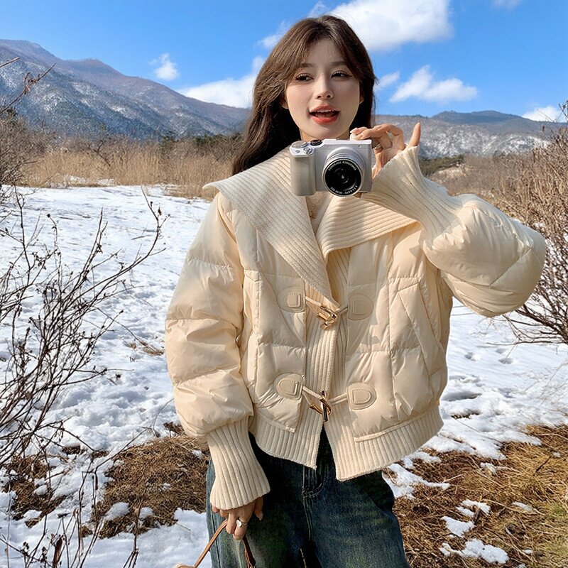 白色针织翻领短款羽绒服女冬2025新款小个子高级感超好看轻薄外套