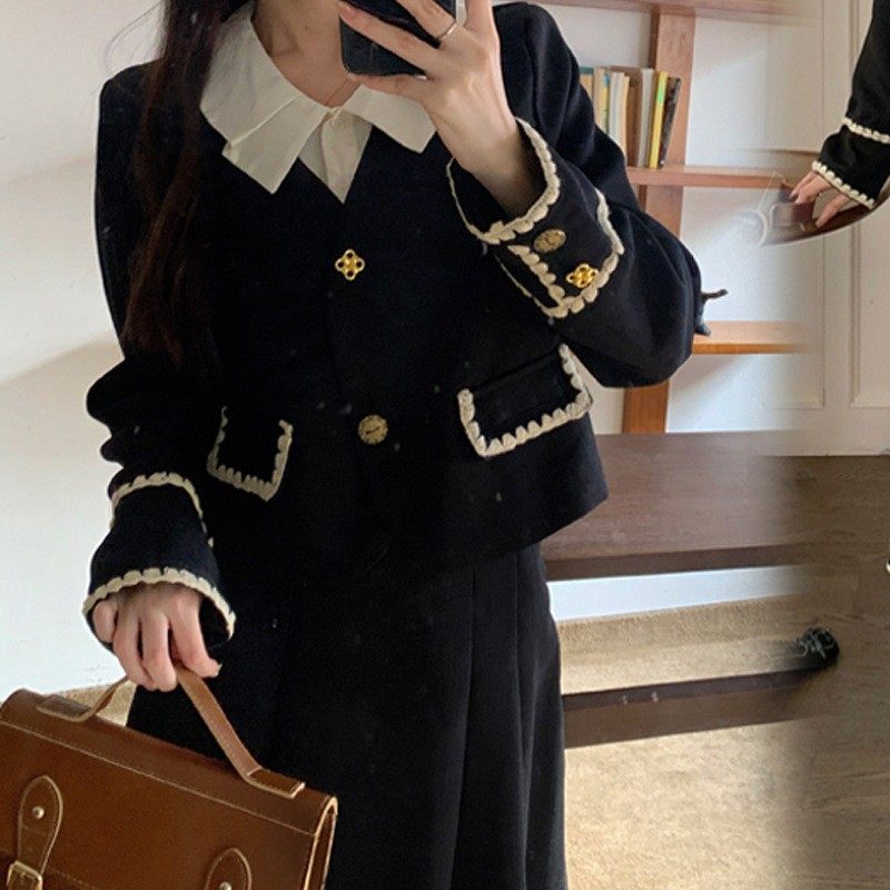 女装秋冬款新品两件套法式复古大码女装胖mm假两件外套+半身裙女