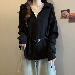 新款 大码 女秋季 打底衬衫 胖mm宽松显瘦遮肚上衣 设计感V领正肩长袖