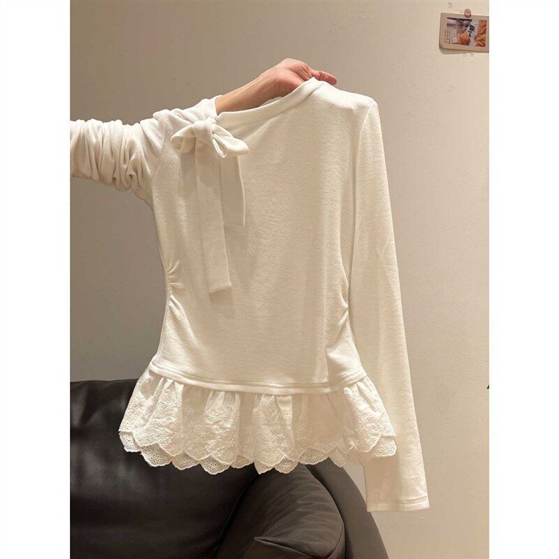 大码德绒蕾丝拼接长袖T恤女秋冬季新款修身显瘦遮肉外穿时尚上衣