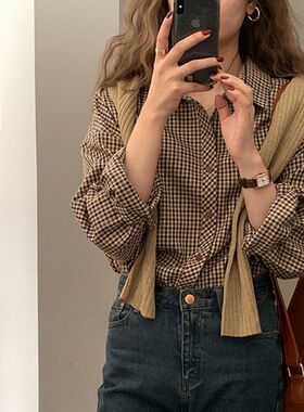 im向自制 复古格子衬衫女2026秋季新款韩版棕色宽松长袖打底衬衣
