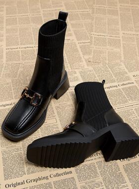 A.D Hepburn~袜子靴女2024年秋冬季新款针织显瘦马丁靴中跟瘦瘦靴