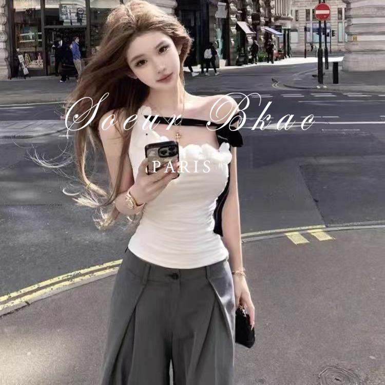 法国SOEUR BKAC法式白色立体花朵斜肩背心女修身性感绑带辣妹吊带