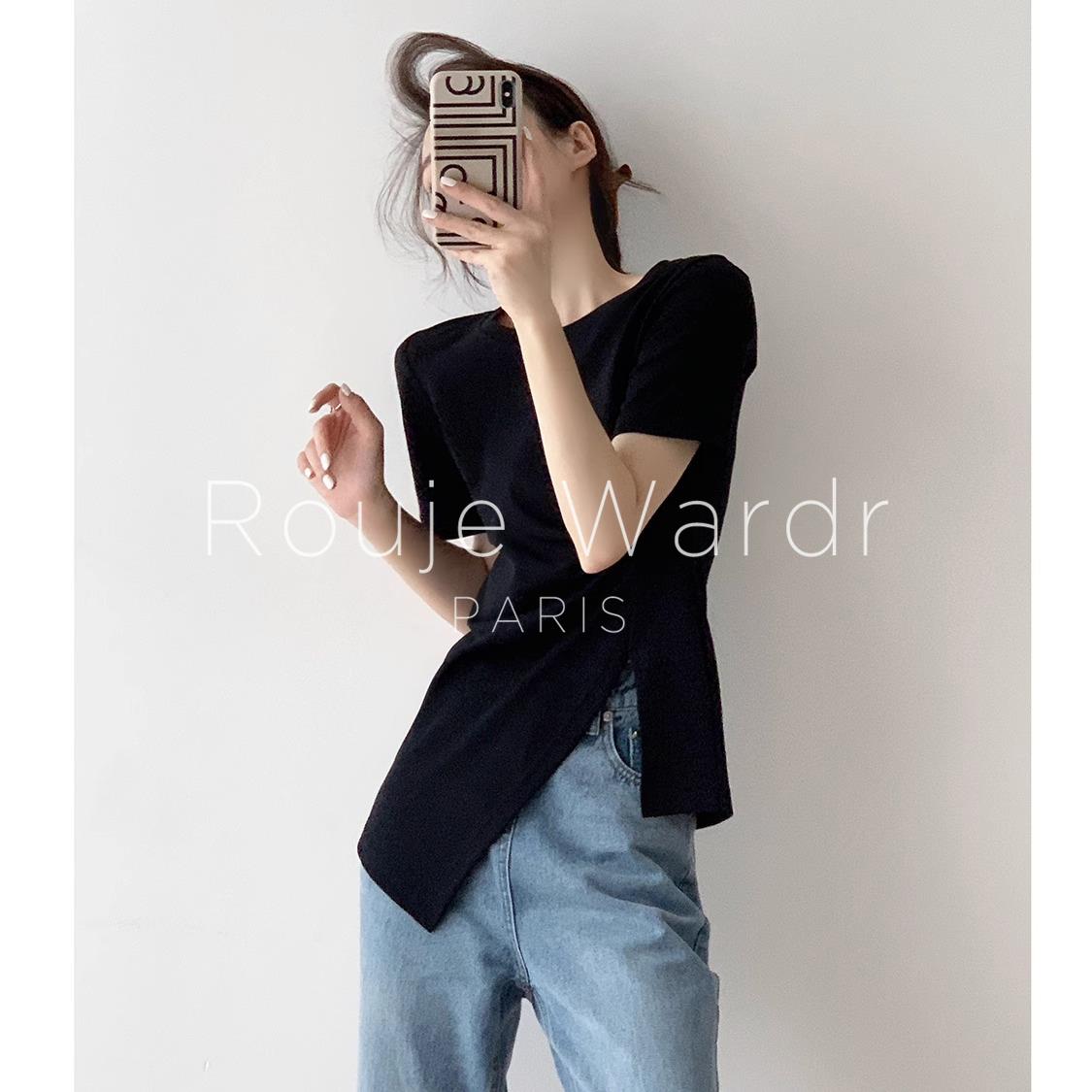 Rouje Wardr法式黑色正肩短袖t恤女夏季设计感小众下摆开叉上衣